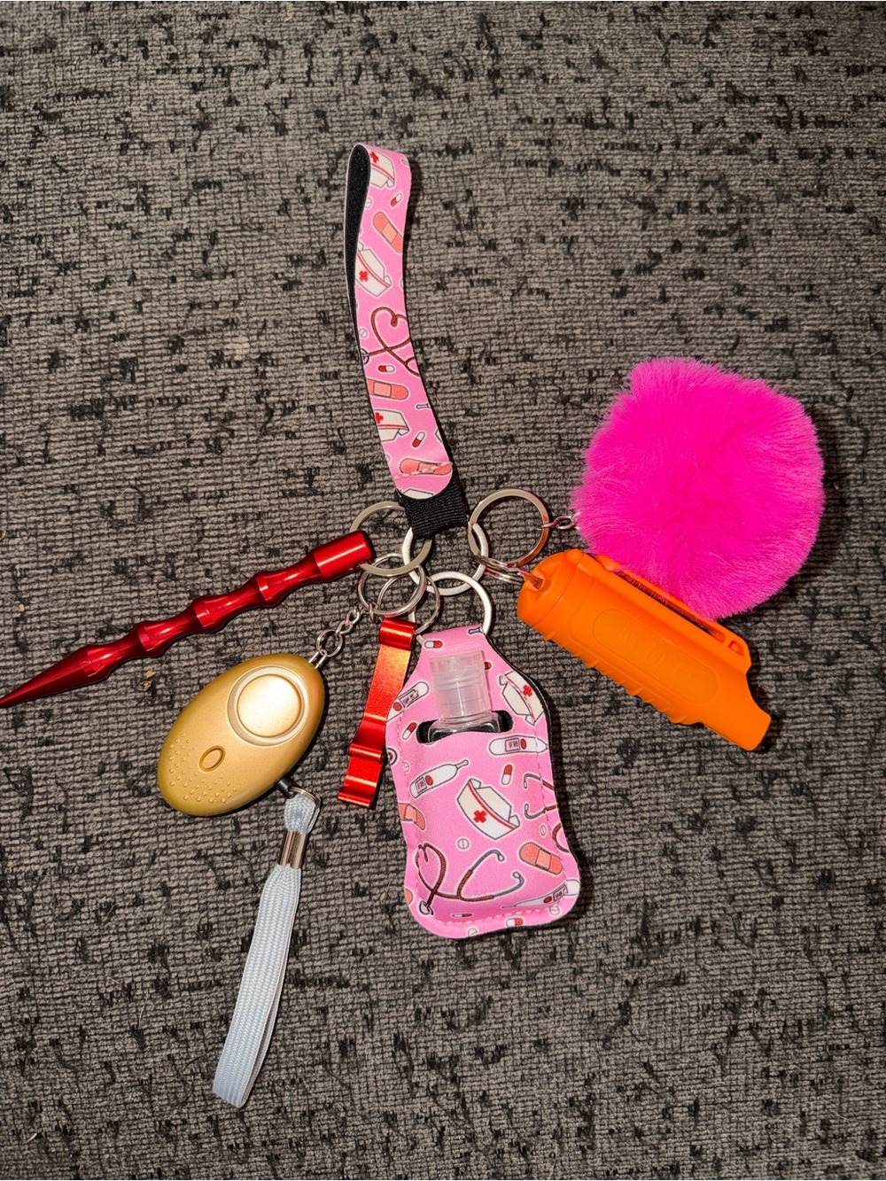 Pink Medical Pattern Hand Sanitizer Keychain with Bright Pink Pom Pom